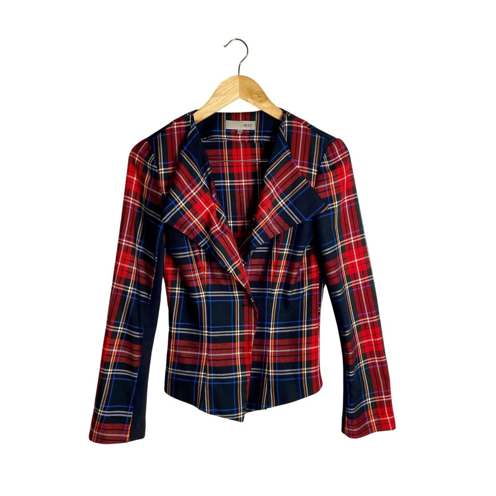 HEED Plaid Peplum Blazer Jacket Size 6 Red Tartan Punk Dark Academia *FLAW*